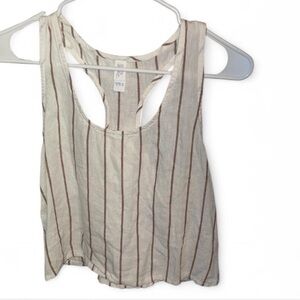 Linen cropped racerback tank top with side splits white cream and beige stripes